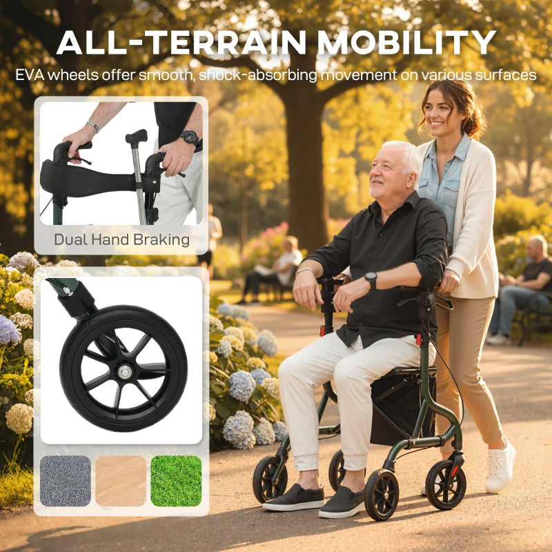 Foldable Rollator Walker with Seat for Seniors, Lightweight Rolling Walker with Adjustable Handles, Green