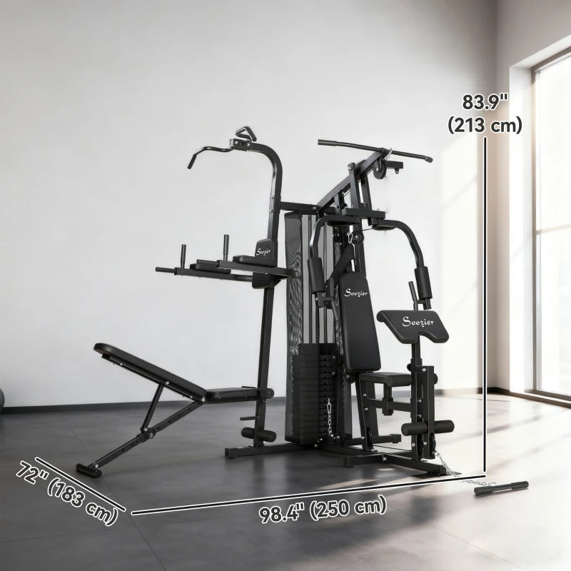 All-in-One Multi-Station Home Gym Workout Machine with Weight Stack, Pulley System & Adjustable Bench – Black