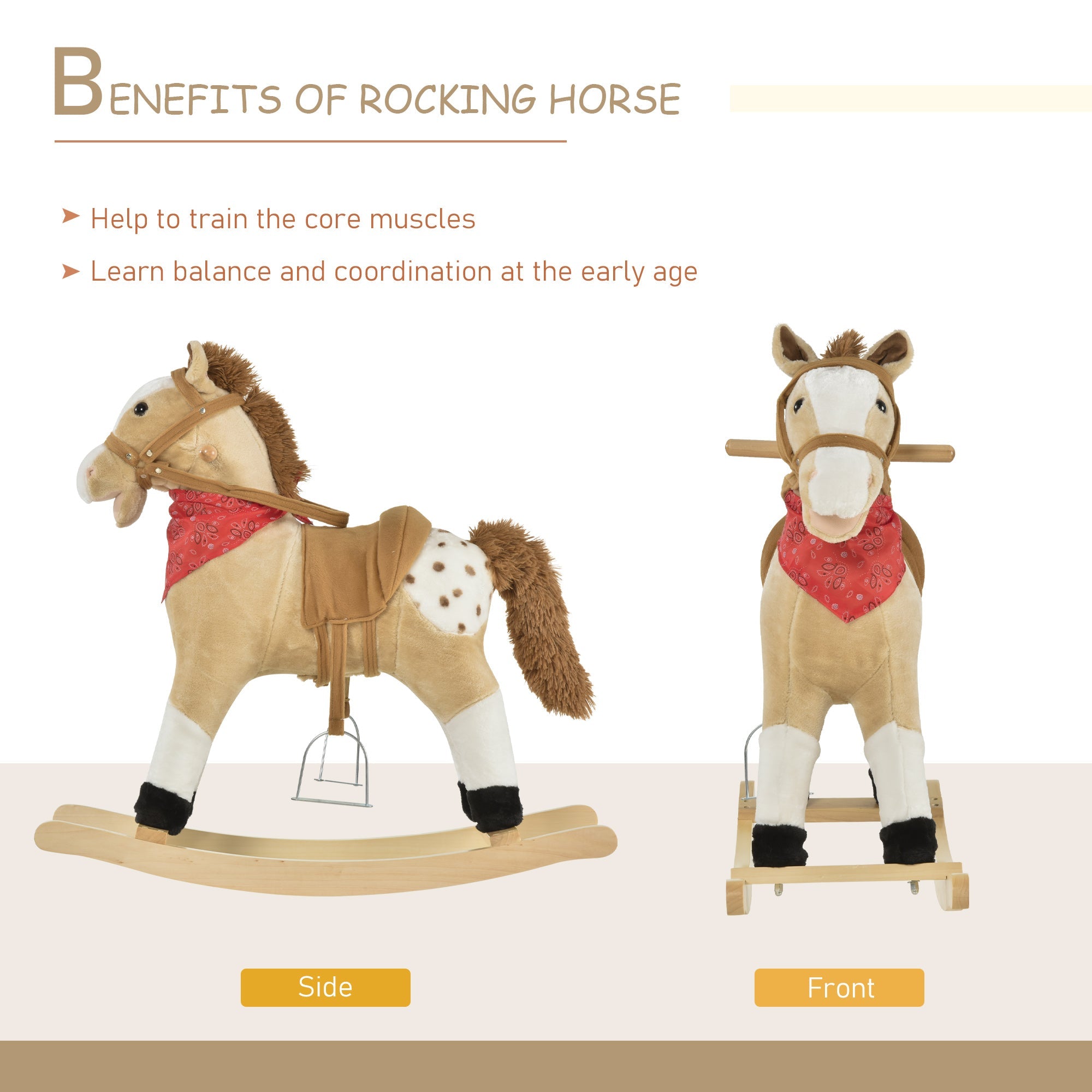 Qaba Kids Plush Ride-On Rocking Horse Toy Cowboy Rocker with Fun Realistic Sounds for Child 3-8 Years Old, Beige 