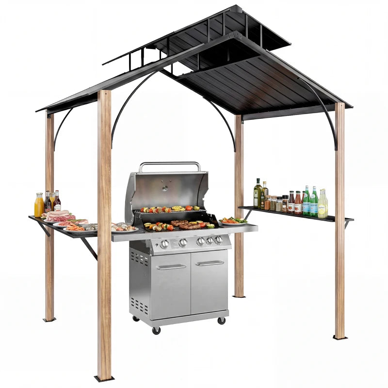 8 x 6ft Hardtop Grill Gazebo, BBQ Gazebo with Metal Double Roof, Outdoor Grill Canopy with Wood-Grain Aluminum Frame