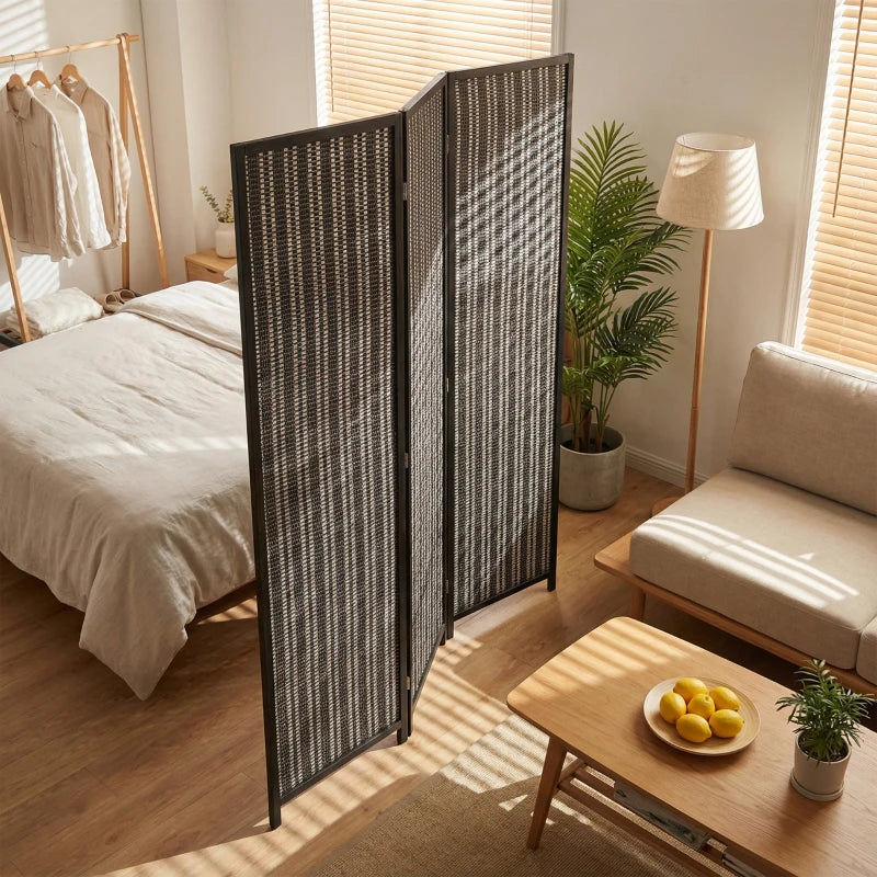 Folding Privacy Screen, 3 Panel Room Divider, Freestanding Partition with Handwoven Bamboo and Pine Wood Frame, Black