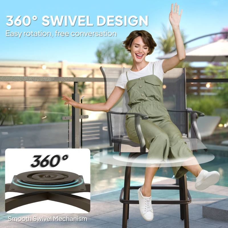 Outdoor Bar Stools Set of 2, Swivel Bar Height Chairs with High Back, Curved Armrests and Steel Frame, Light Grey
