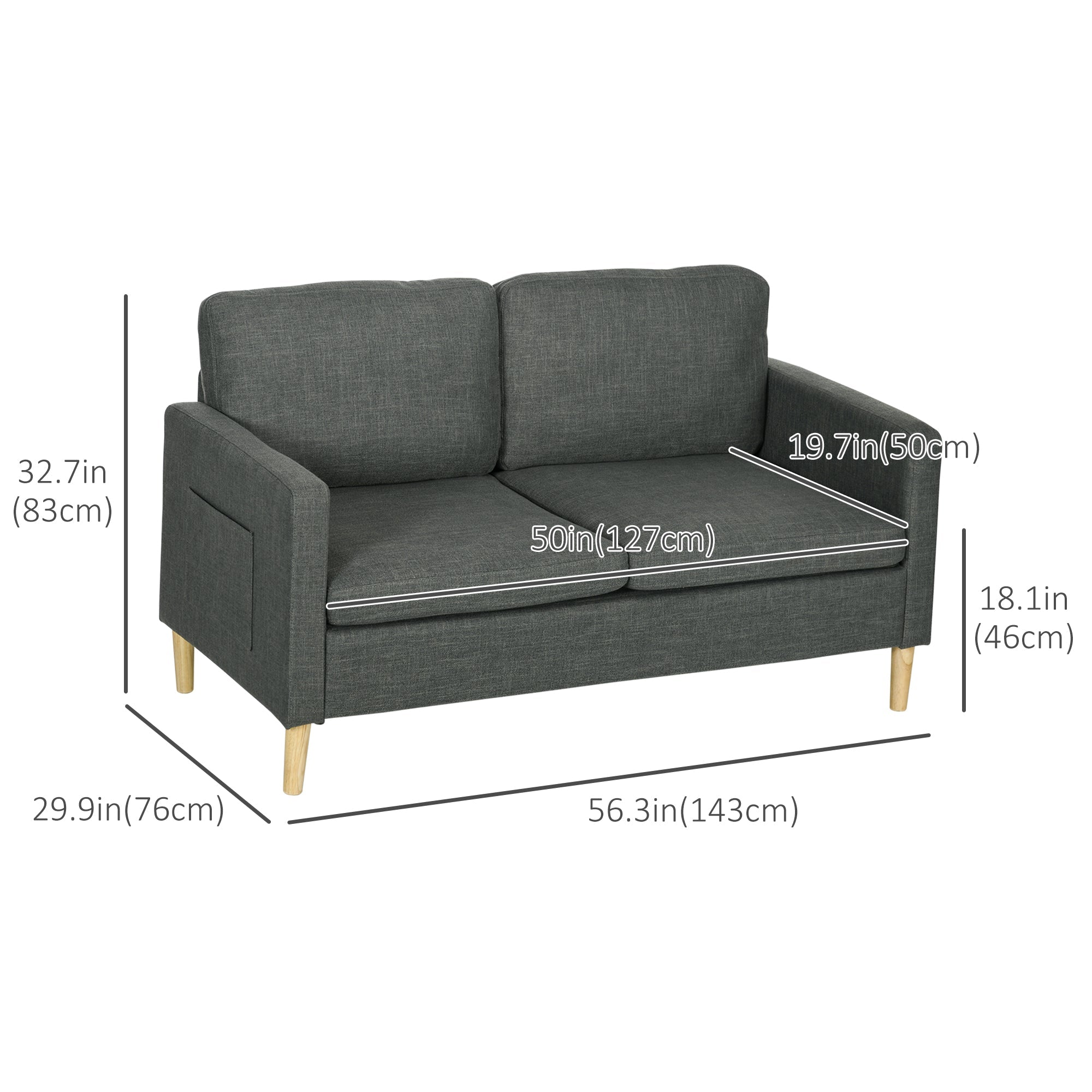 HOMCOM 56" 2-Seater Modern Sofa: With Side Pockets, Solid Steel Frame, Grey 