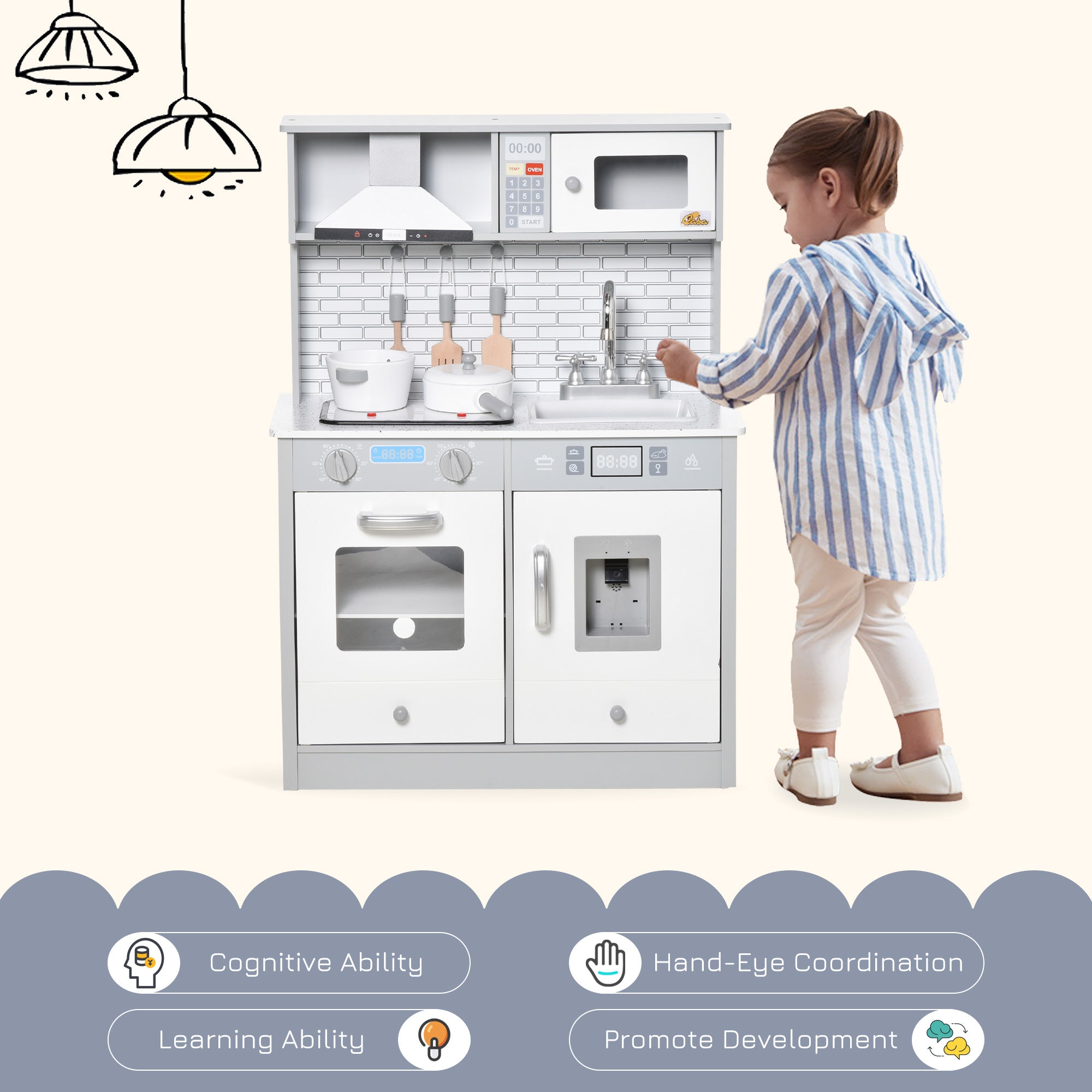 Qaba Kids Cooking Toy Set - Educational Pretend Kitchen with Sound & Light Effects, Ideal for 3-6 Years Old 