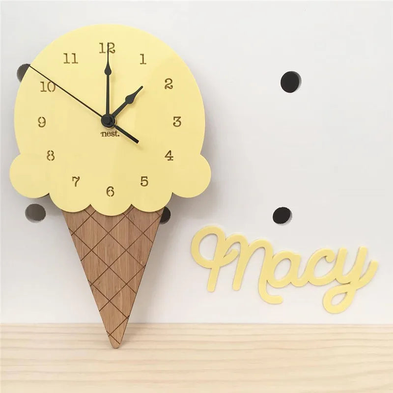 Cute Wooden Cartoon Ice Cream Clock – Home Decor, Kids Room Wall Decoration, Christmas Ornament, Nursery Baby Gift 