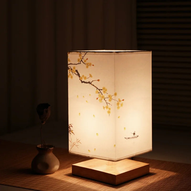 LED Square Table Lamps - Simple Chinese Style, Dimmable, EU Plug Night Light with Fabric Lampshade, Bedroom Bedside Lighting