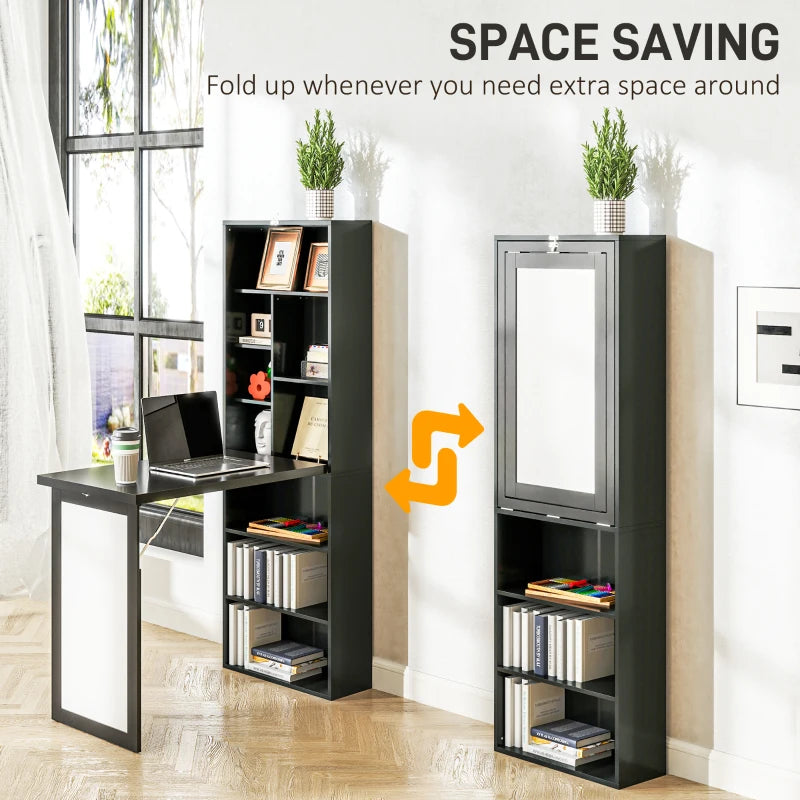 Wall Mounted Fold-Out Convertible Office Desk with Storage Shelves & Blackboard – Black