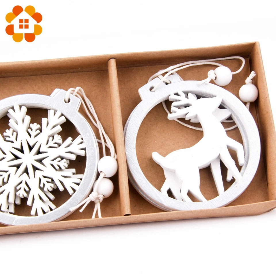 3PCS/lot Silver White Deer Snowflake Wooden Christmas Pendants Decorations DIY Wood Crafts XMAS Ornaments Festival Party Decor