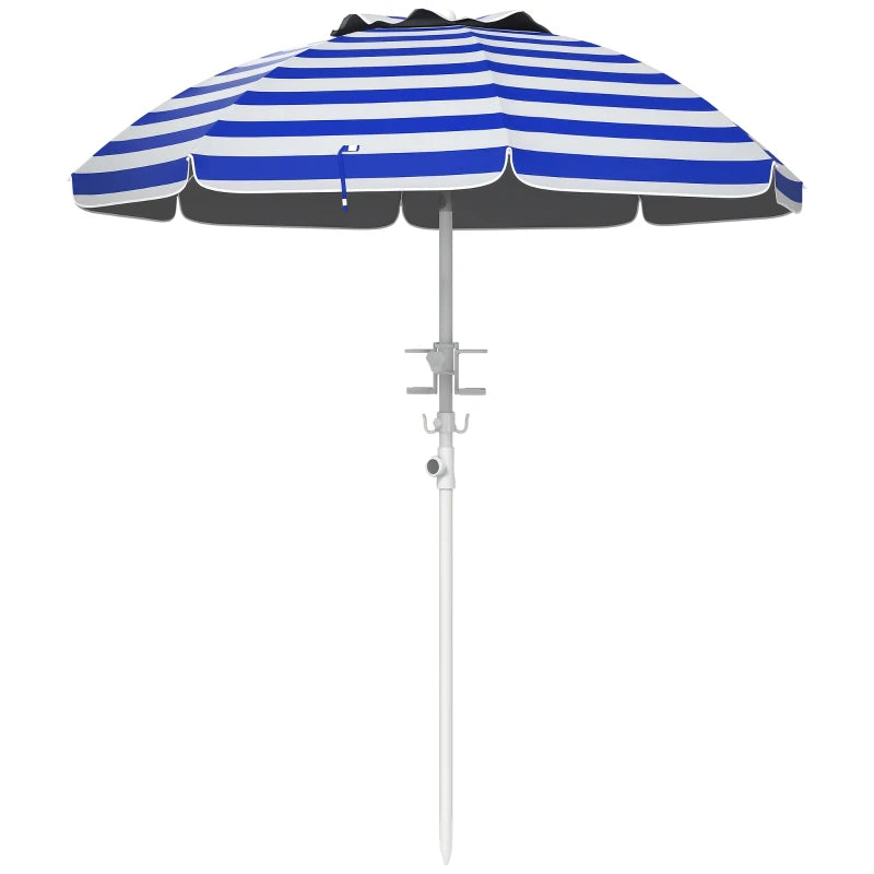 5.7' Beach Umbrella for Travel with Tilt, Adjustable Height, 2 Cup Holders, Hook, Vent, Ruffles, Blue and White