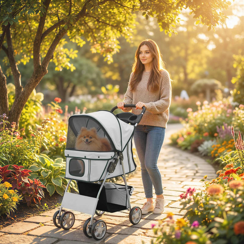Pet Stroller for Dogs & Cats, Foldable Dog Stroller with Wheels, Reflective Strips, Brake, Pad and Basket, Grey