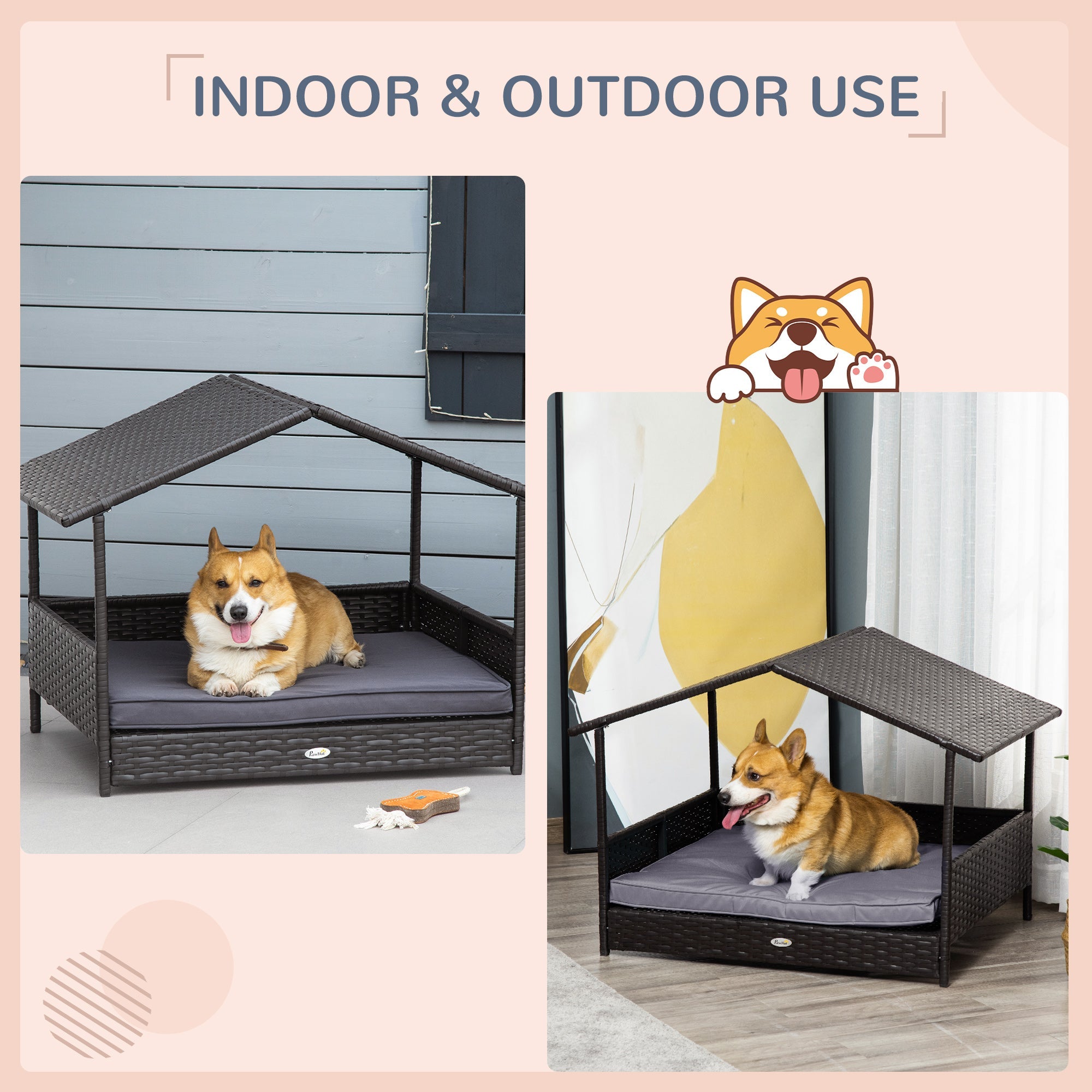 Outsunny PawHut Elevated Rattan Dog Bed Pet Home Indoor Outdoor Wicker Dog Cot Dog House Sofa Bed w/ Padded Cushion Roof Shelter Grey 