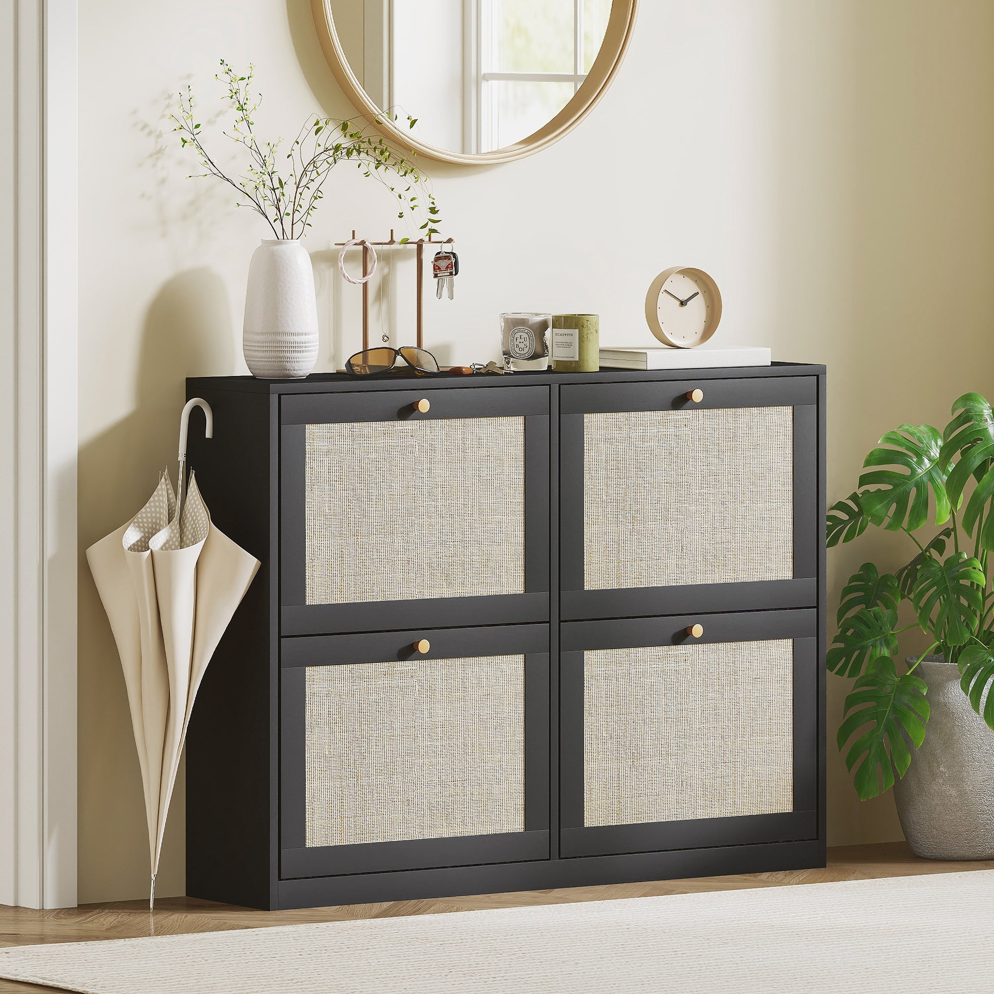 HOMCOM Narrow Shoe Storage Cabinet, Rattan Shoe Cabinet with 4 Flip Drawers and Adjustable Shelves for 20 Pairs, Black 