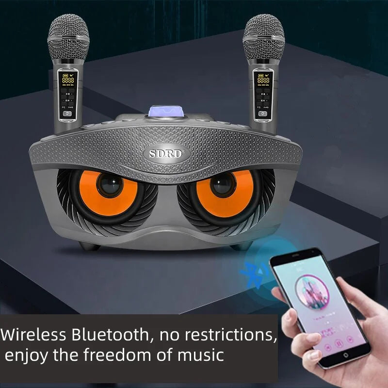 SD306 Plus Portable Karaoke Wireless Bluetooth Speaker – 2-in-1 Dual Microphone Owl Speaker, 30W High Power Subwoofer, Family KTV