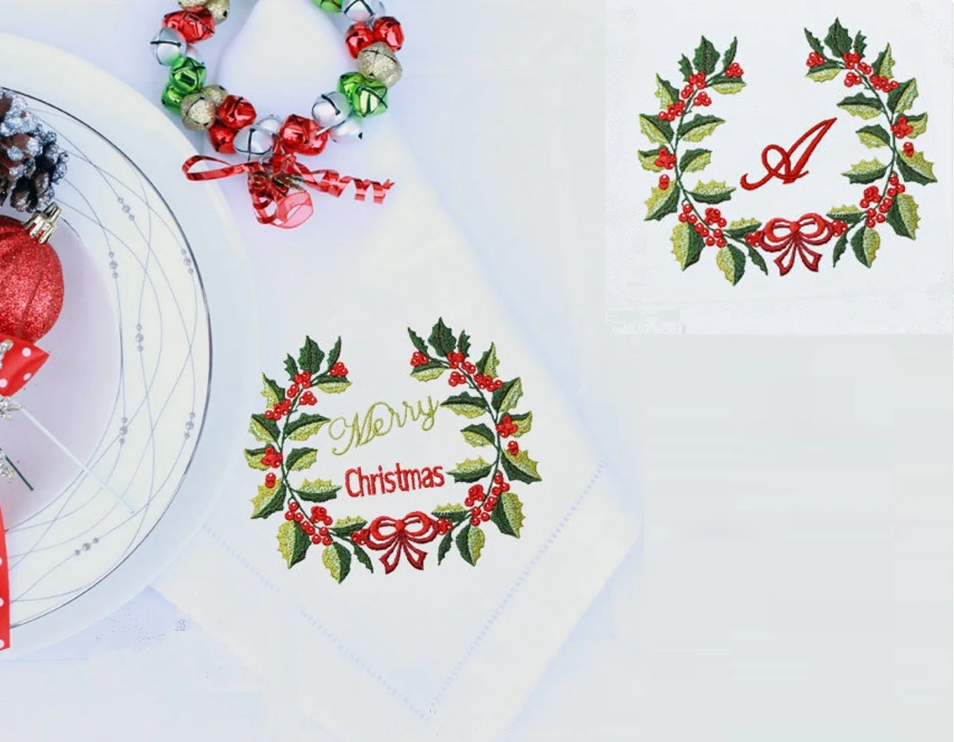 Christmas Monogram Embroidery Napkin, Placemat, Hemstitch, Cotton+Linen, Table Decoration, Holly Berries Monogram / Merry Christ 