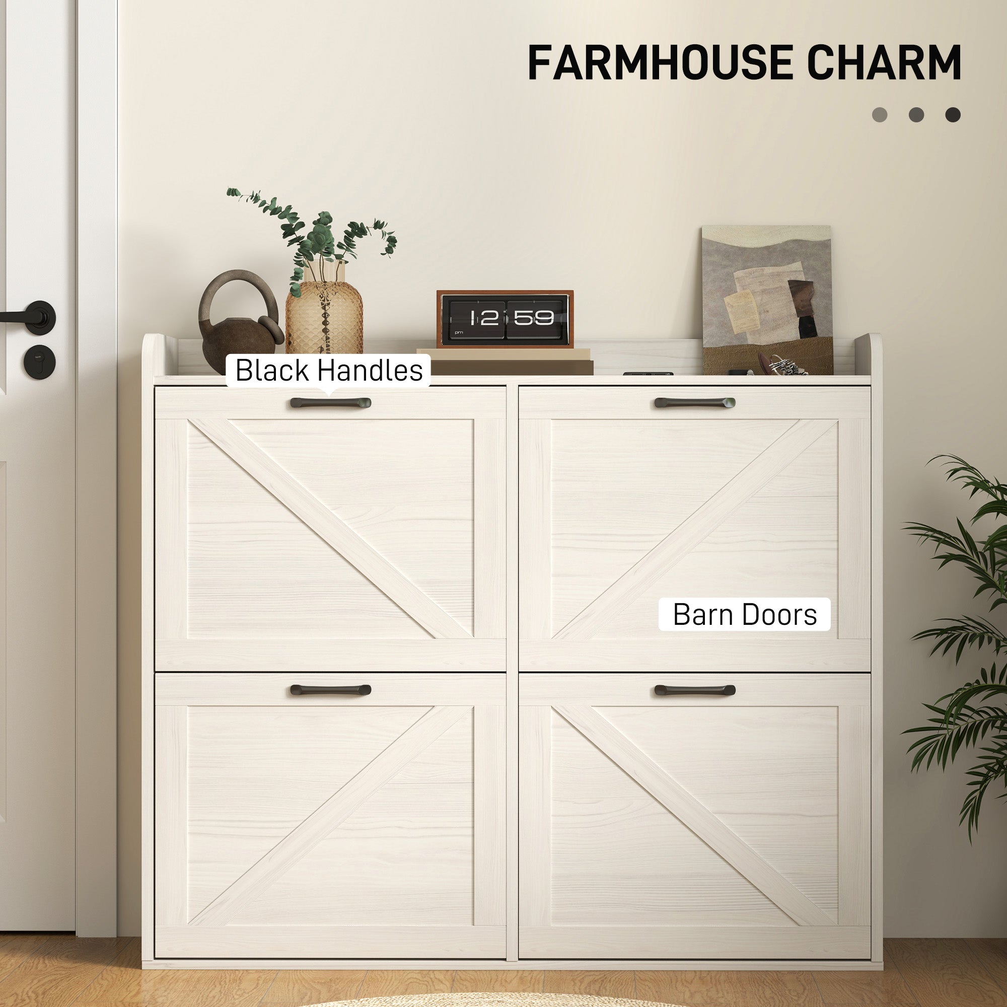 HOMCOM Narrow Shoe Storage Cabinet with 4 Flip Drawers, Adjustable Shelves, 16 Pair Farmhouse Shoe Cabinet, White Oak 