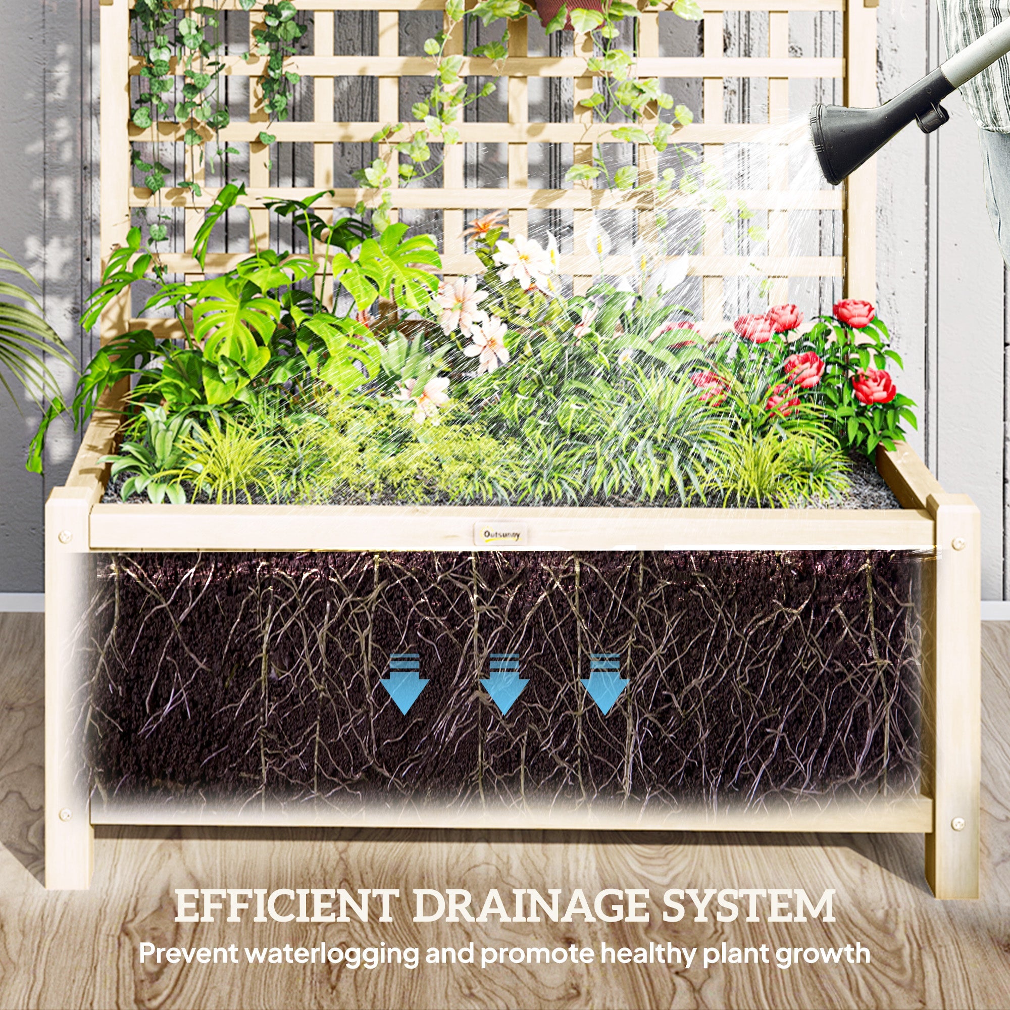Outsunny Wood Planter with Trellis for Vine Climbing, Raised Garden Bed, Privacy Screen for Backyard, Patio, Deck, Natural Wood 
