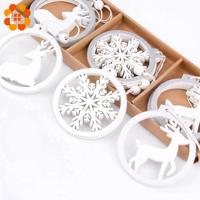 3PCS/lot Silver White Deer Snowflake Wooden Christmas Pendants Decorations DIY Wood Crafts XMAS Ornaments Festival Party Decor 
