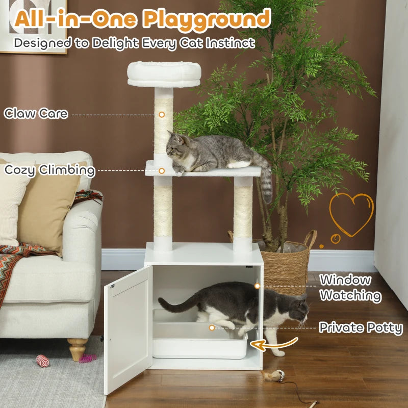 Cat Tree with Litter Box Enclosure, Sisal Covered Scratching Posts, Large Platform, Bed for Indoor Cats, White