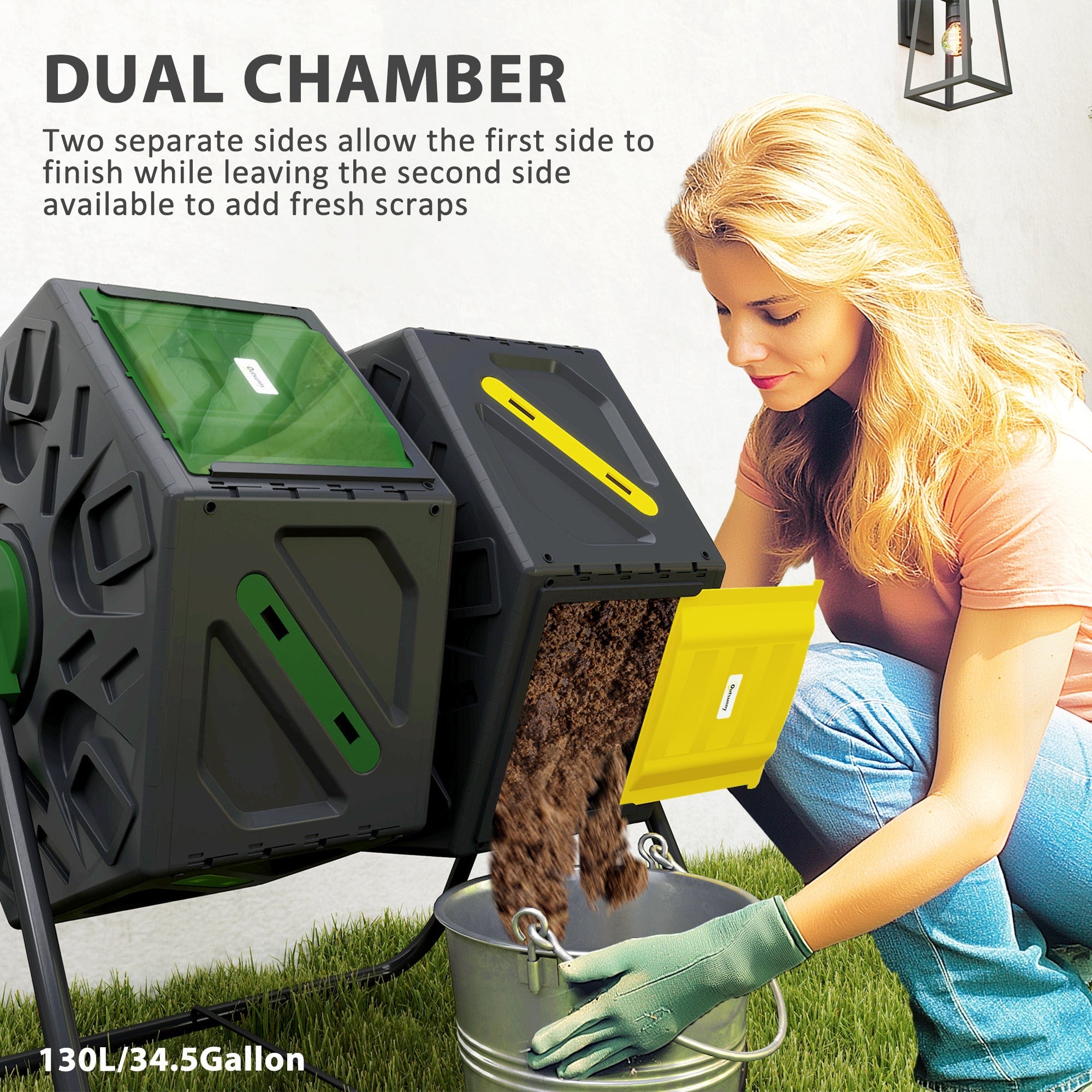 Outsunny Rotating Composter, Dual Chamber Compost Bin with 24 Vents and Steel Legs, 34.5 Gallon, Yellow and Green 
