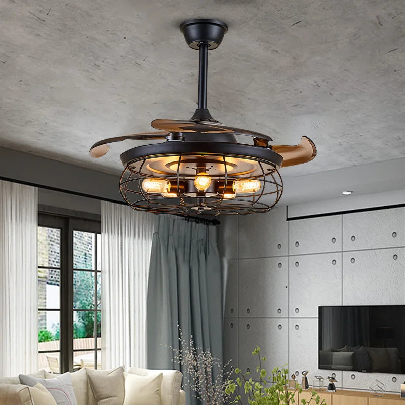 Retro Living Room Fan Lamp – 42" Fan Chandelier, American Simple Creative, Restaurant Frequency Conversion Nordic Invisible Fan Lamp