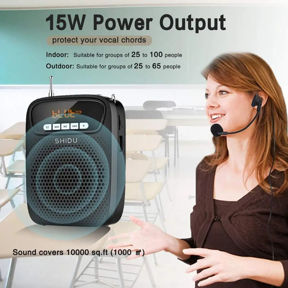 SHIDU 15W Portable Voice Amplifier – Wired Microphone, FM Radio, AUX Audio Recording, Bluetooth Speaker for Teachers & Instructors, Model S278