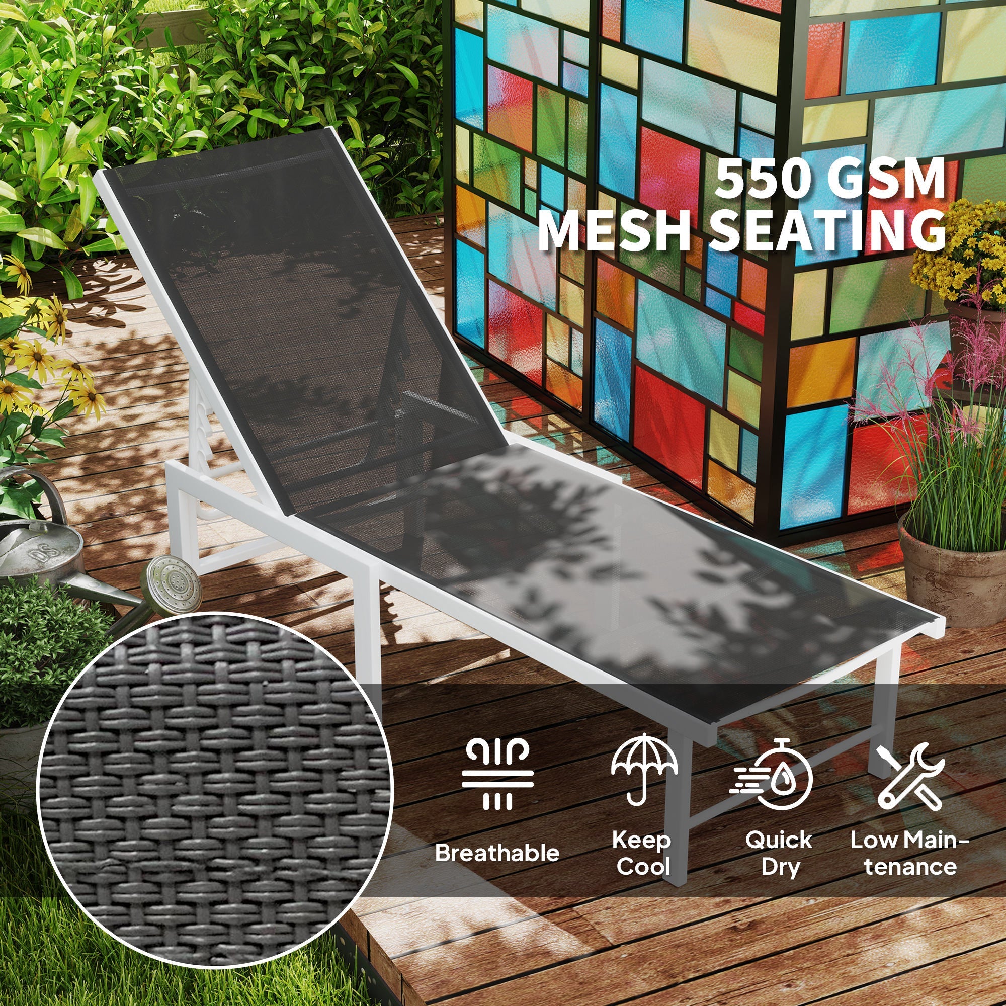 Outsunny Outdoor Lounge Chair, 5-Level Reclining Outdoor Chaise Lounge Tanning Chair with Mesh Seat, Grey 