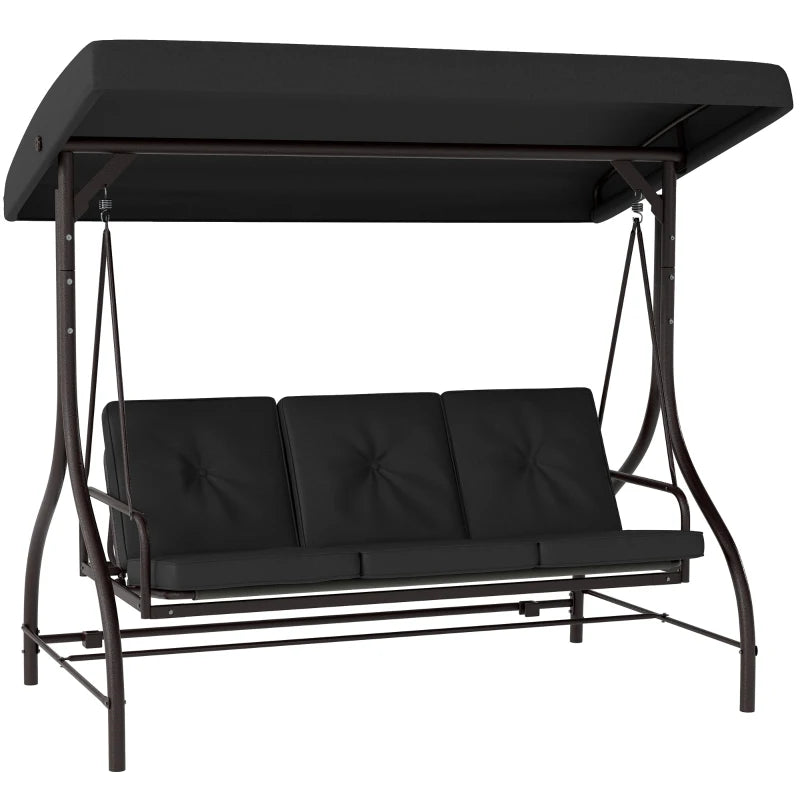Convertible Patio Swing Bed with Canopy and Cushions, 3 Seater Porch Swing for Outdoor, Backyard, Garden, Black