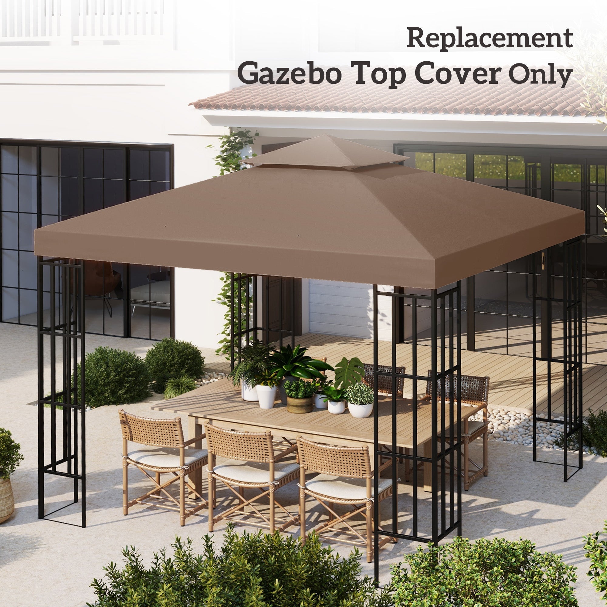 Outsunny 9.8' Square Coffee 2-Tier Gazebo Canopy Replacement - Durable Outdoor Garden Sun Shade Top Cover 
