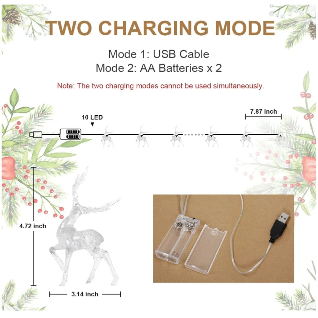 Christmas Reindeer Lights, Indoor Decorations, Fairy Lighting, USB, Battery Powered, 20 LED String Lights, Gifts, 9.8ft