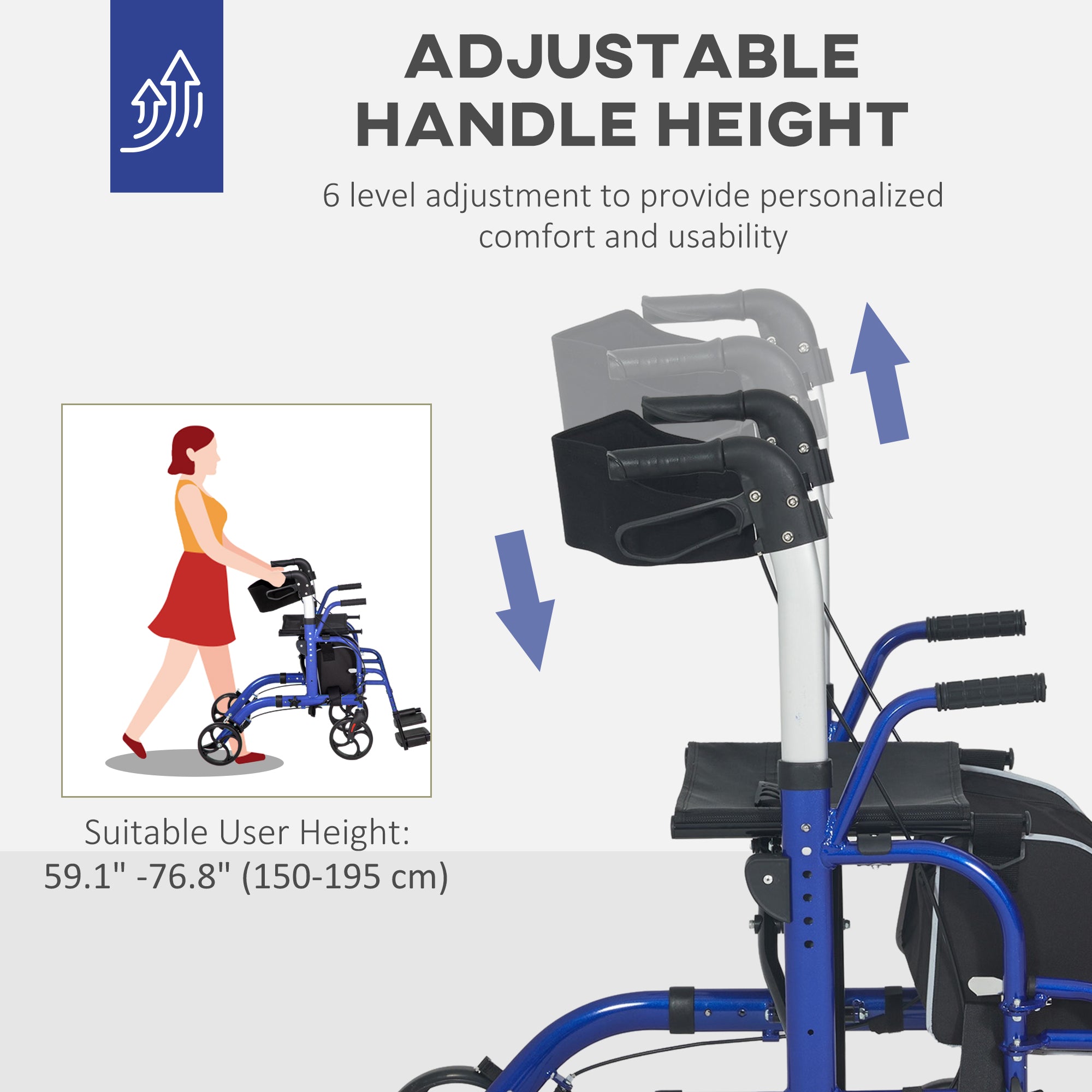 HOMCOM Rollator Walker with Seat, Folding Rolling Walker with 8" Wheels, Walker for Seniors with Adjustable Height, Blue 