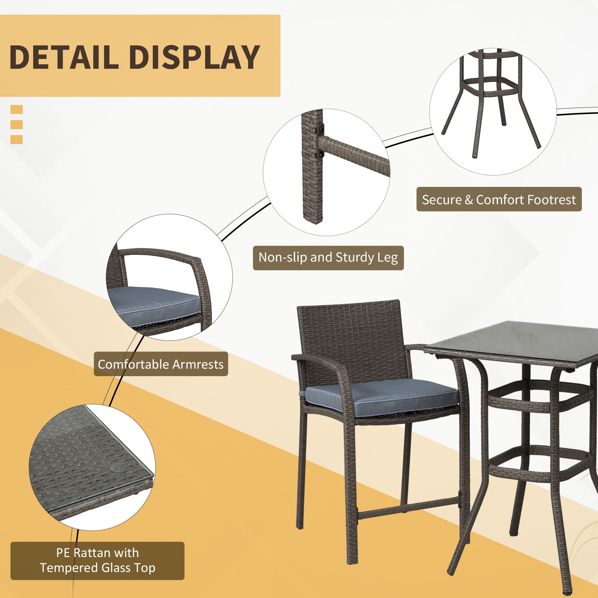 Outsunny 3 Pieces Patio Bar Set Wicker Garden Bistro Set Outdoor Furniture PE Rattan Table and Stools with Seat Cushion, Grey 