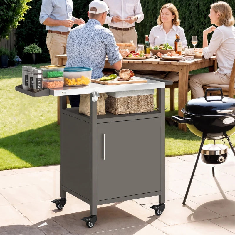 Outdoor Grill Cart with Steel top, Pizza Oven Stand with Cabinet, Spice Rack, Towel Holder, Bottle Opener, Brown