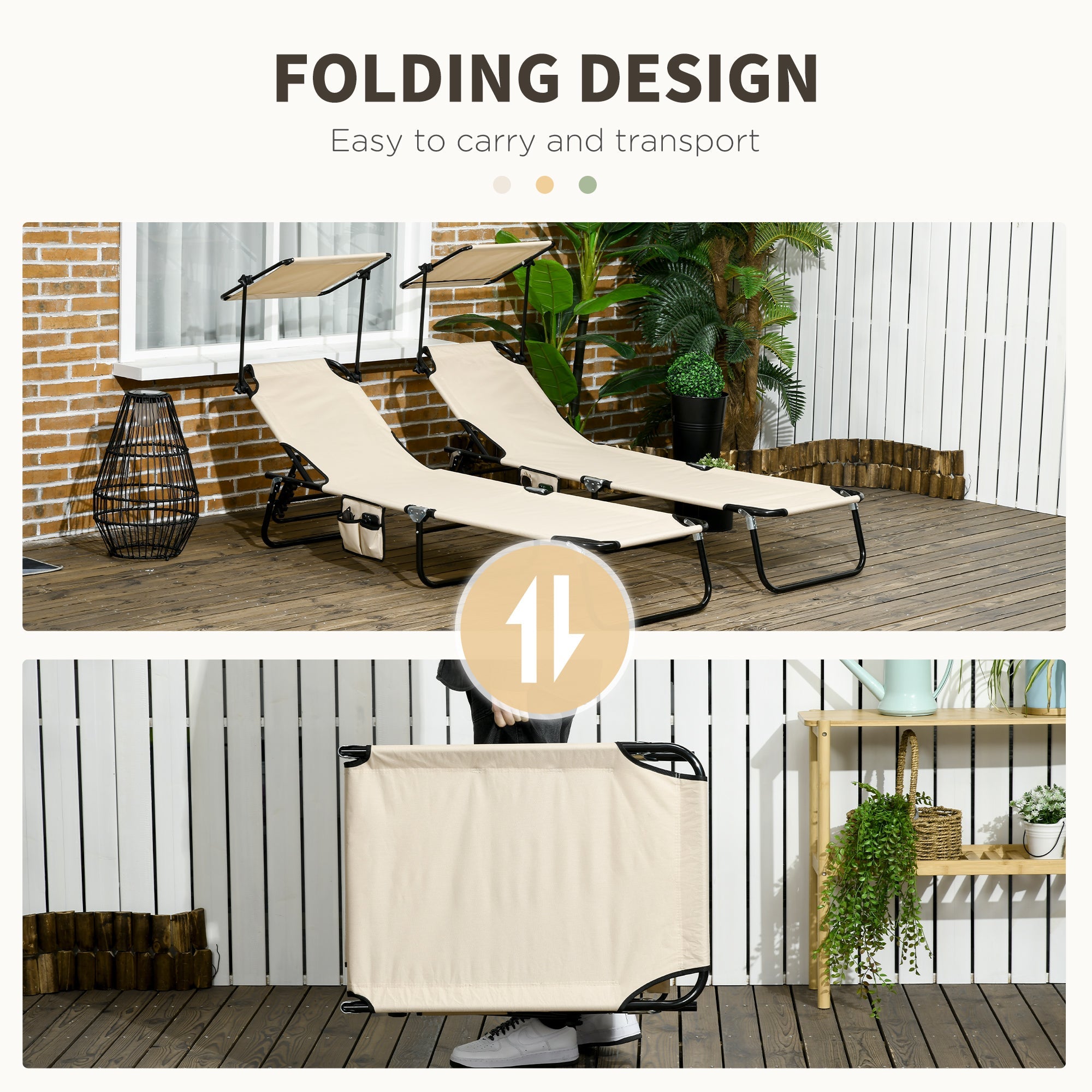 Outsunny Outdoor Chaise Lounge Chairs Set of 2 with Recliner Back and Sunshade for Pool Beach Patio Tan 