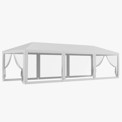Outsunny 10' x 28' Gazebo Party Tent Outdoor Canopy Garden Sun Shade with 8 Mosquito Mesh Netting and Zipper Door, White 