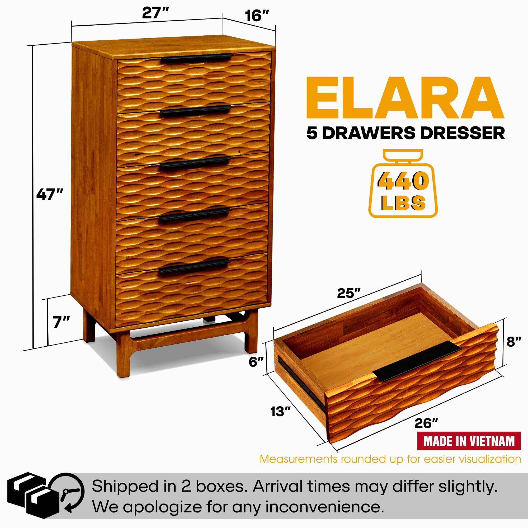 Elara Solid Wood 5-Drawer Dresser 
