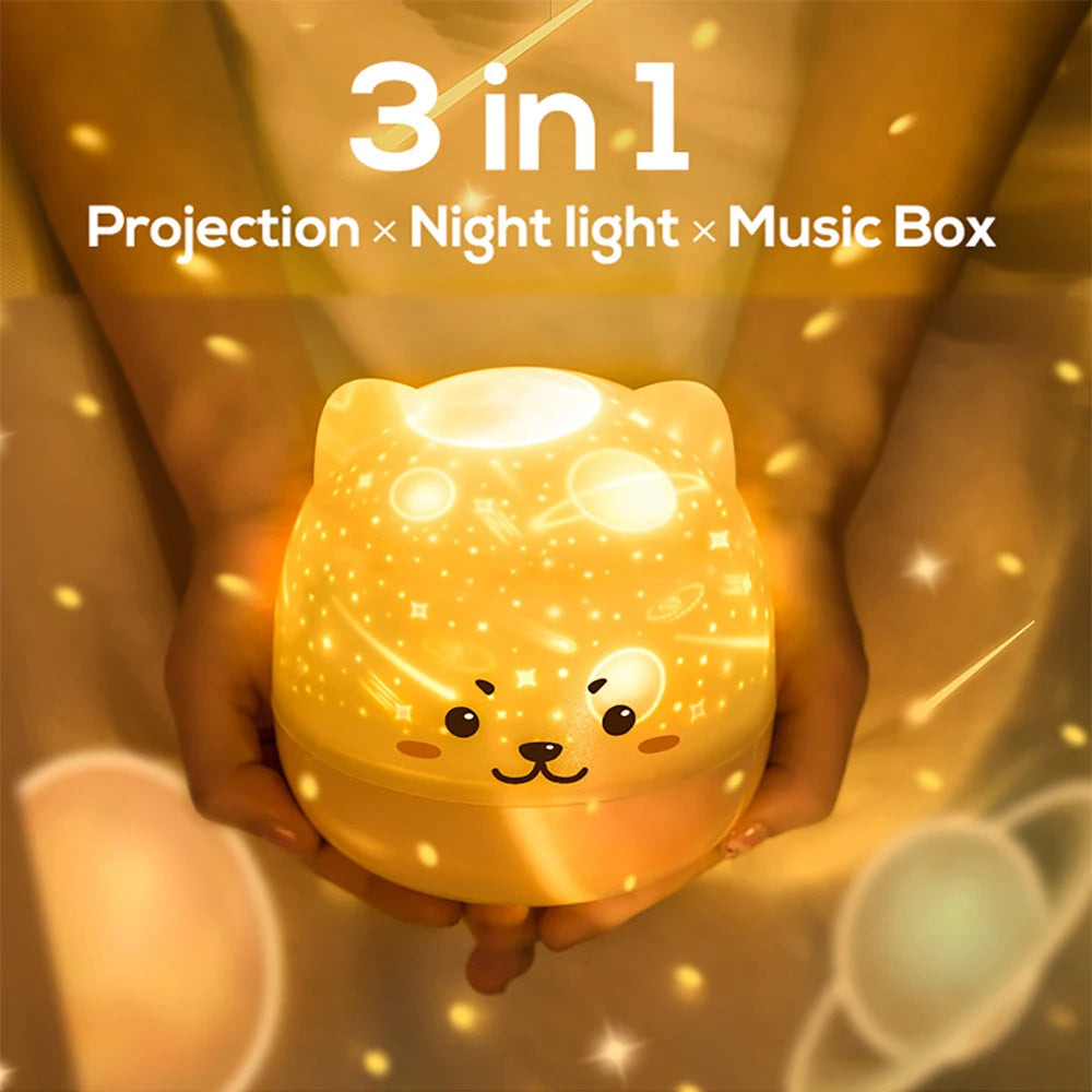 Cute Bear LED Night Lamp – Starry Children’s Music Projector, USB Rechargeable, Rotating Light for Kids Bedside Bedroom Decoration