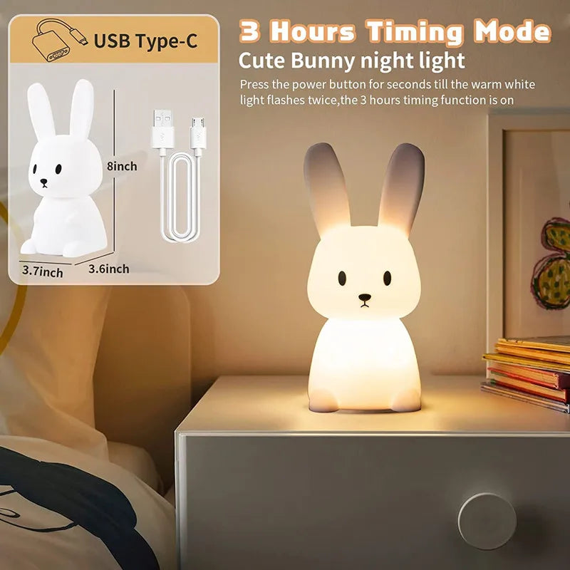 Cute Bunny Night Light for Kids Room - USB Silicone Rabbit Lamp, Perfect Nursery Gift for Girls and Boys