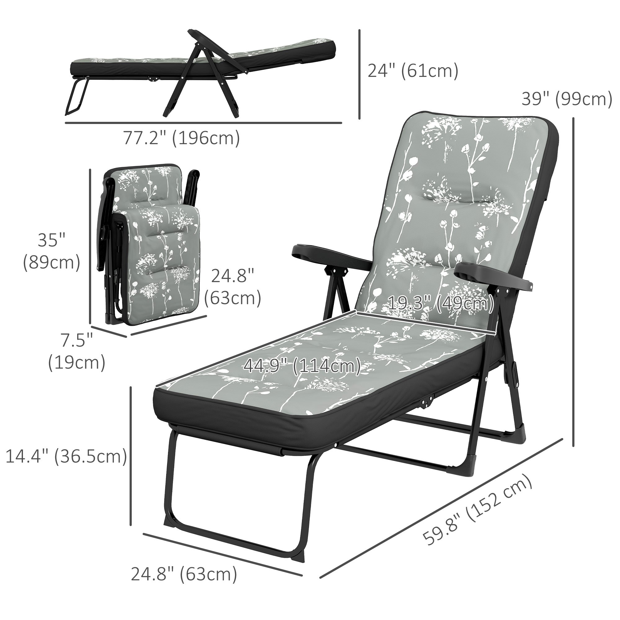 Outsunny Padded Outdoor Lounge Chair Folding Recliner with Adjustable Back Footrest Cushioned Grey 