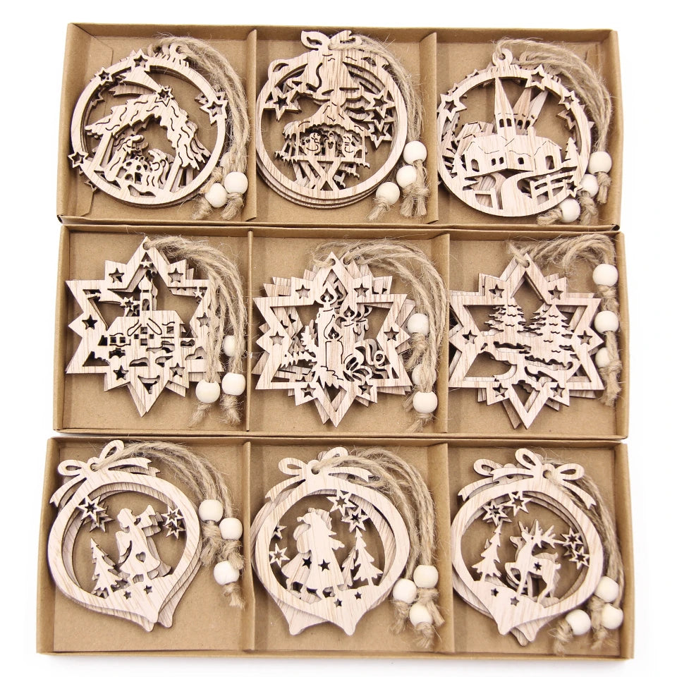 12PCS/Box Vintage Snowflake Christmas Wooden Pendants Ornaments  Christmas Tree Ornaments Christmas Decorations Hanging Gifts 