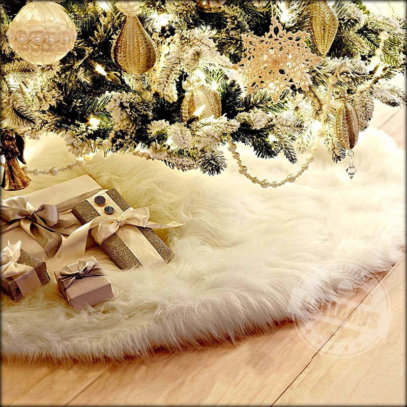 90-122cm Christmas Tree Skirt White Faux Fur Merry Christmas New Year Home Xmas-Tree Decorations Plush Beaded Embroidered Trees