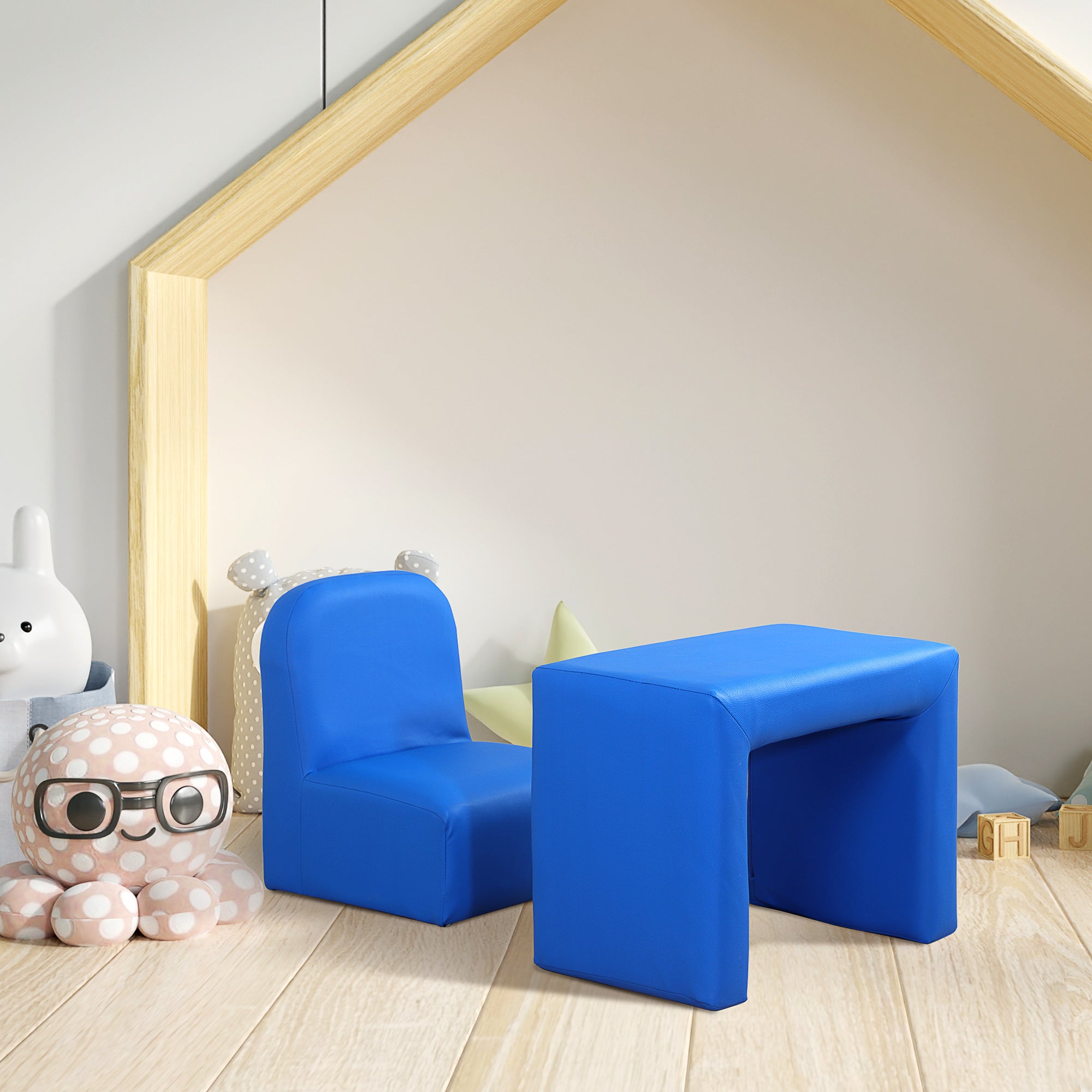 Qaba 2-in-1 Kids Convertible Table & Sofa Chair Set, Blue Multifunctional Toddler Armchair and Activity Couch 