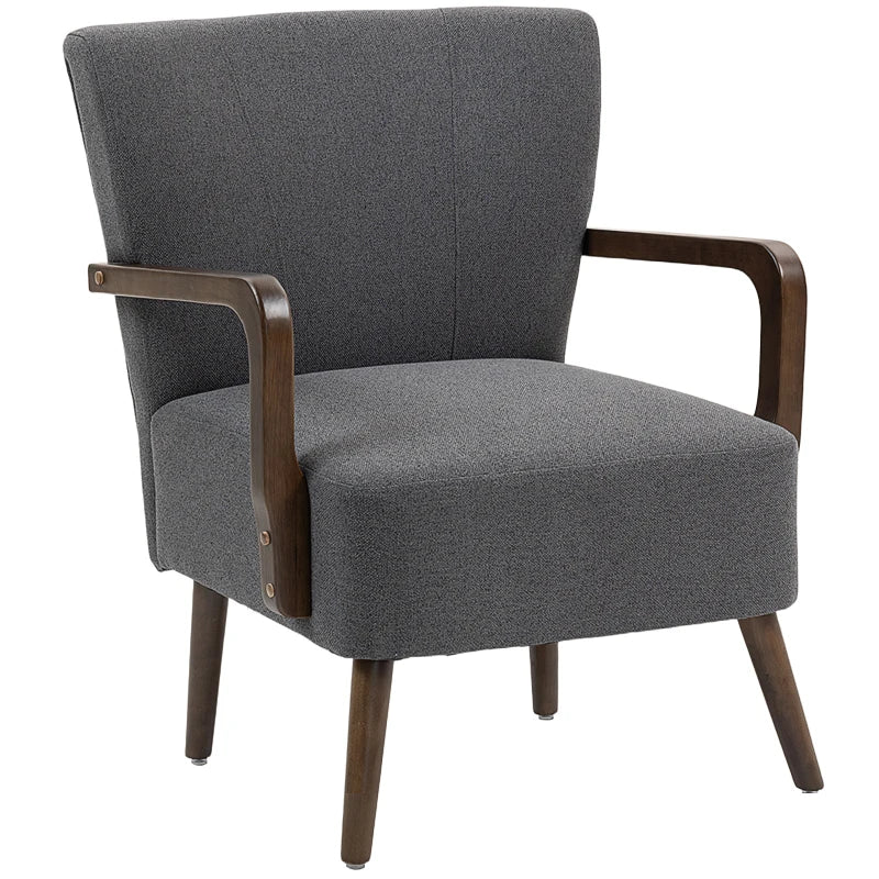 Accent Chair with Wooden Legs, Linen Fabric Armchair with Thick Padding, Comfy Chair for Living Room, Dark Grey