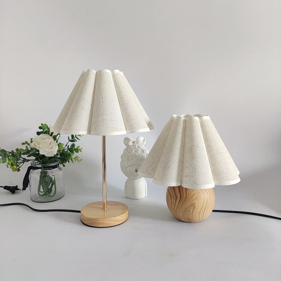 Simple Design Wood Table Lamp with 3 Color Options - Korean Style White Linen Round Bedside Desk Lamp for Home and Bedroom Decor