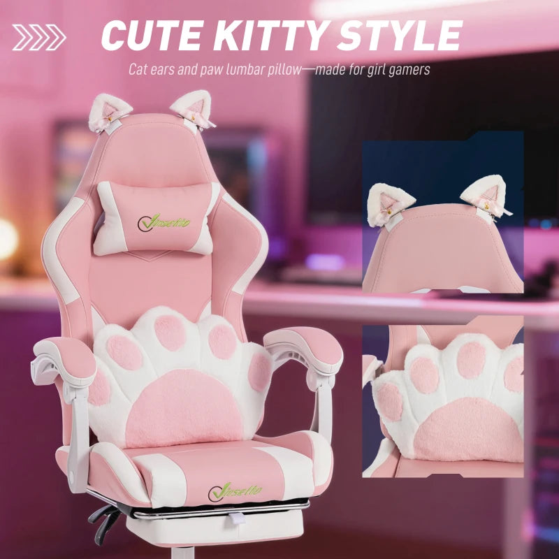 Cute Pink Gaming Chair with Cat Ears, Lumbar Support, Headrest & Footrest