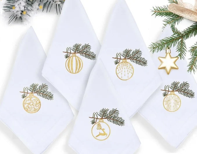 Christmas Napkin, Placemat, Hemstitch, Cotton+Linen, Table Decoration,  Embroidery Xmas Ball, Pine cone 