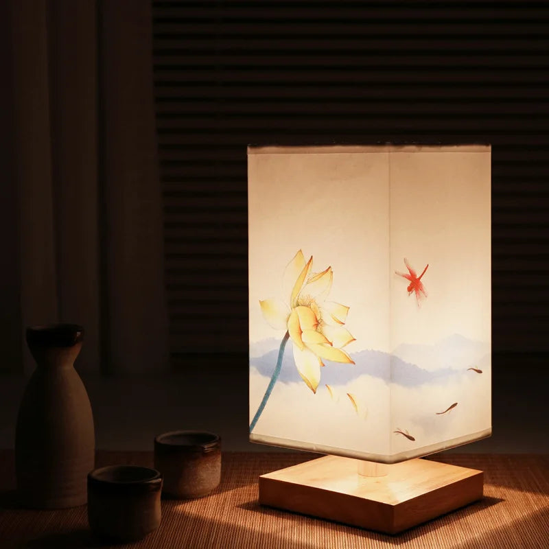 LED Square Table Lamps - Simple Chinese Style, Dimmable, EU Plug Night Light with Fabric Lampshade, Bedroom Bedside Lighting