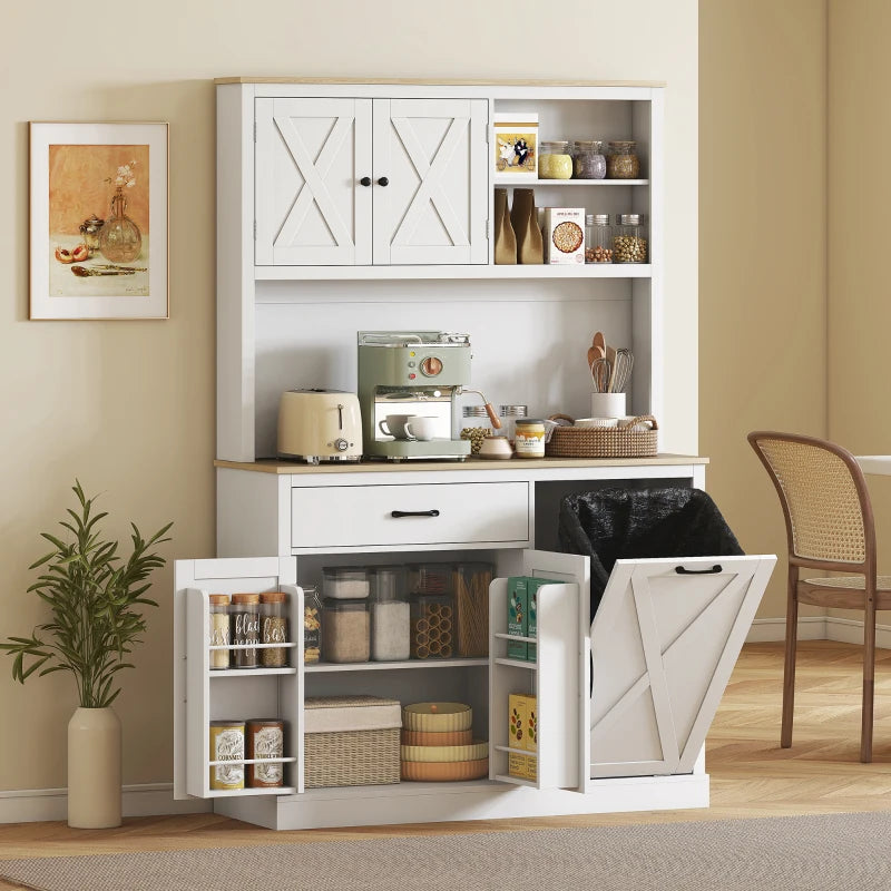 69" Pantry Cabinet with Charging Station, Kitchen Cabinet with Microwave Stand, Tilt-Out Trash Can Cabinet, White