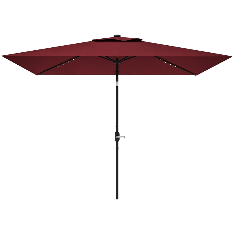 6' x 10' Patio Umbrella with 22 LED Solar Lights and Tilt, Rectangular Outdoor Table Umbrella with Crank, Wine Red