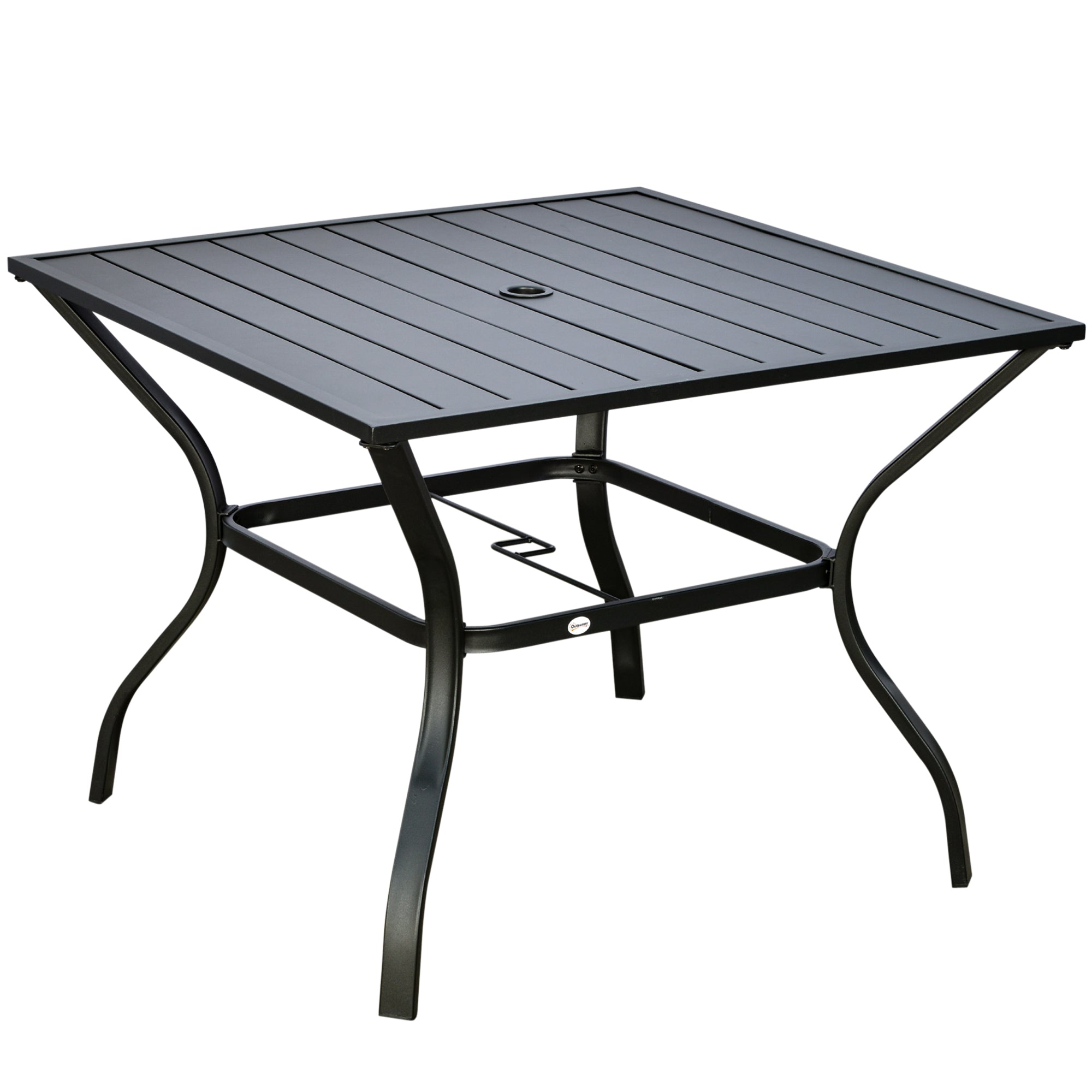 Outsunny Alfresco Dining: 4-Person Outdoor Dining Table with Parasol Hole, Patio Table, Slatted Metal Top for Garden Backyard, Black 