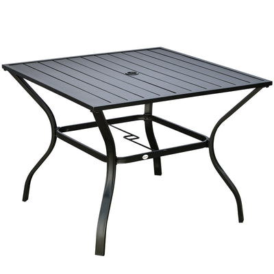 Outsunny Alfresco Dining: 4-Person Outdoor Dining Table with Parasol Hole, Patio Table, Slatted Metal Top for Garden Backyard, Black 